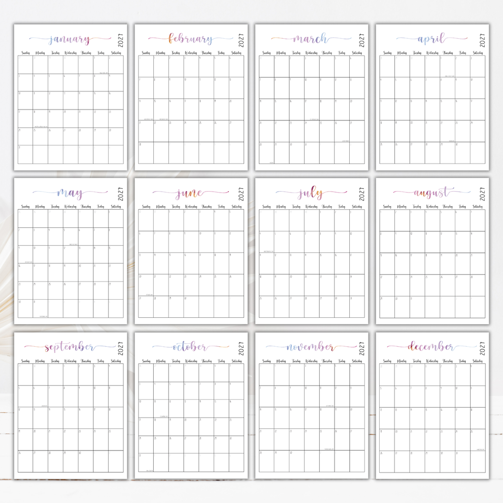 2027 Fillable Portrait Calendar | Sweet Script | Watercolor | Sunday Start