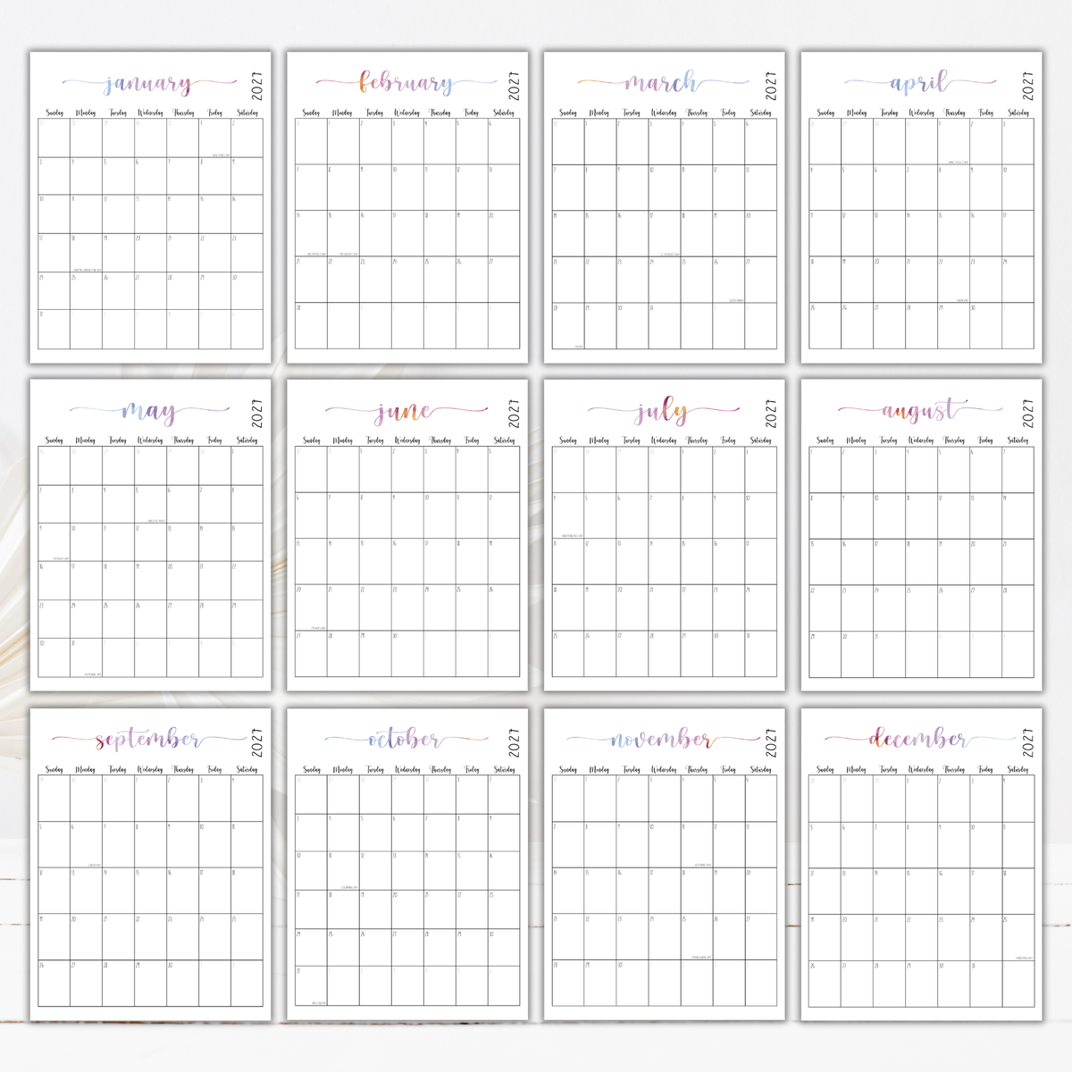 2027 Fillable Portrait Calendar | Sweet Script | Watercolor | Sunday Start