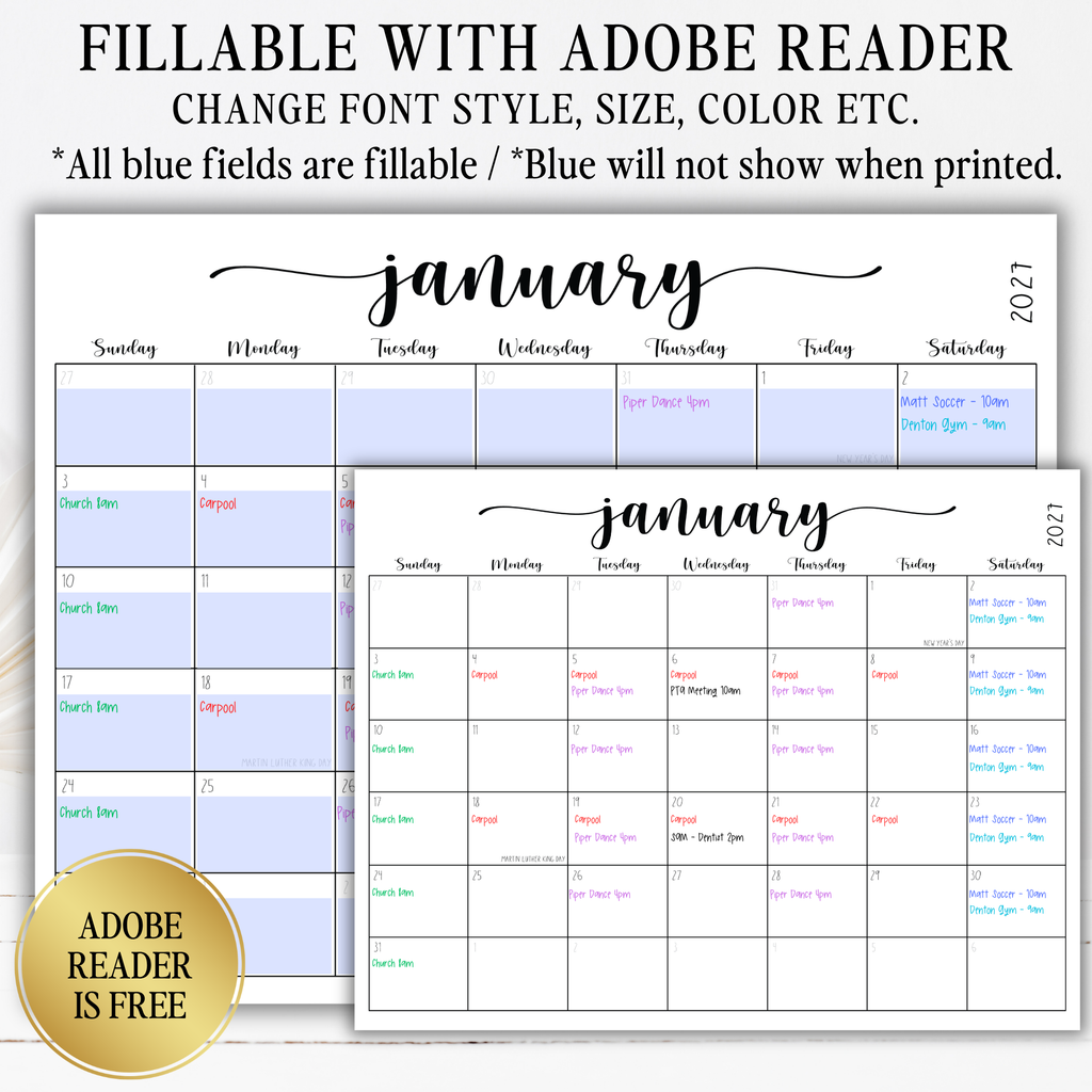 2027 Fillable Landscape Calendar | Sweet Script | Black | Sunday Start