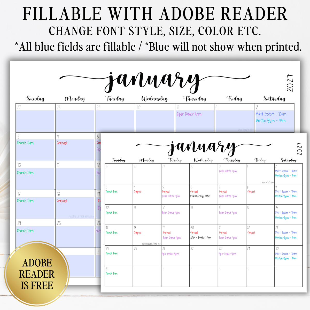 2027 Fillable Landscape Calendar | Sweet Script | Black | Sunday Start