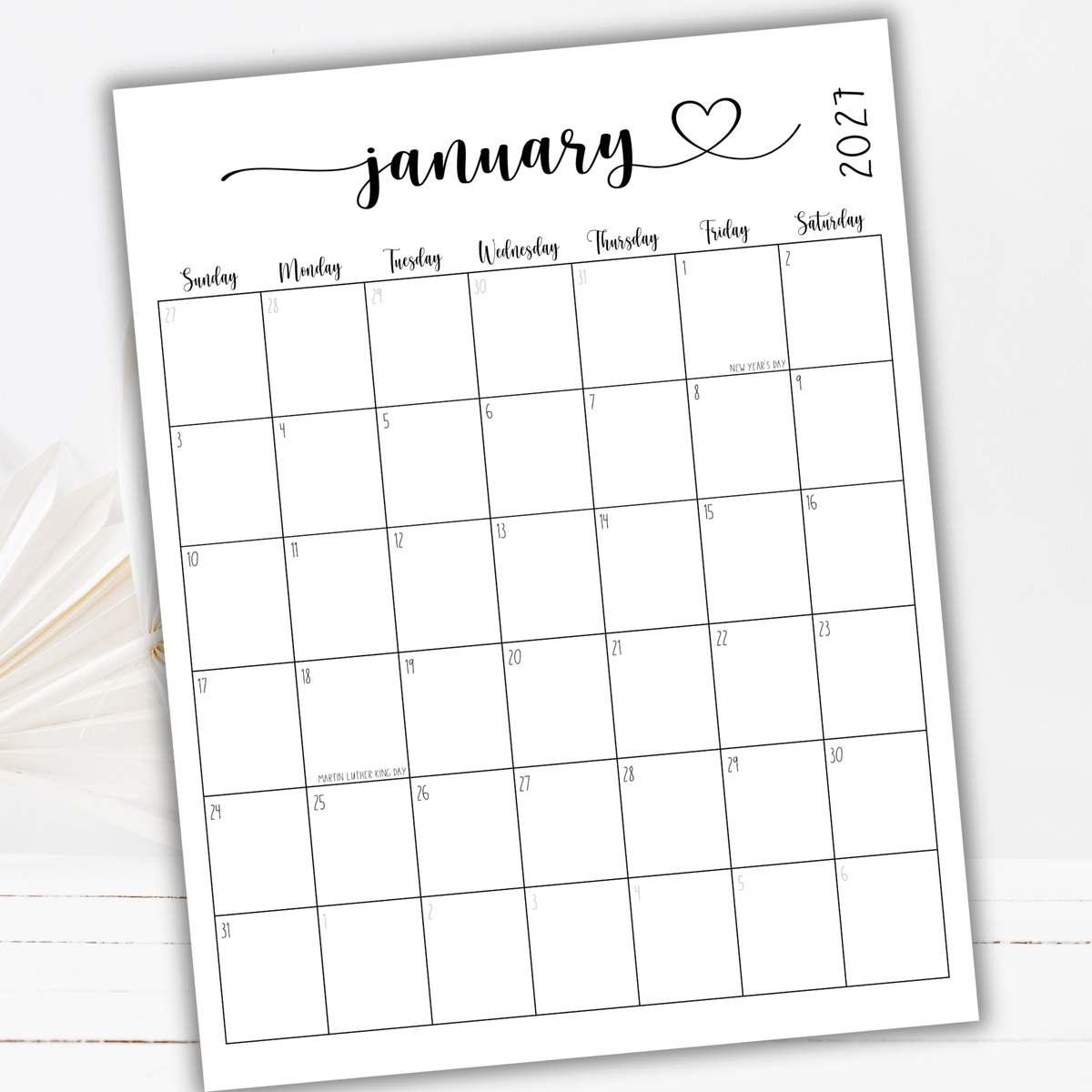 2027 Fillable Portrait Calendar | Sweet Script + Heart | Black | Sunday Start