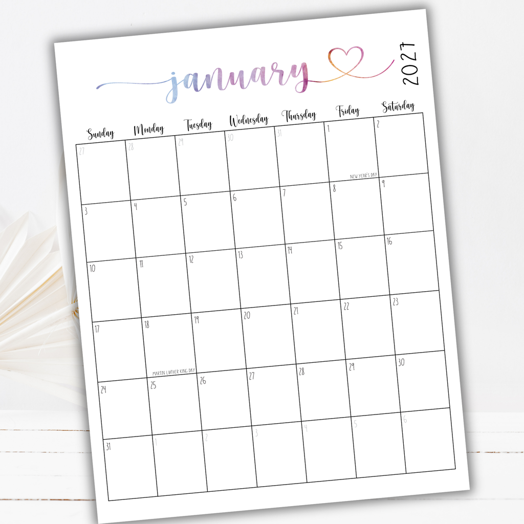 2027 Fillable Portrait Calendar | Sweet Script + Heart | Watercolor | Sunday Start