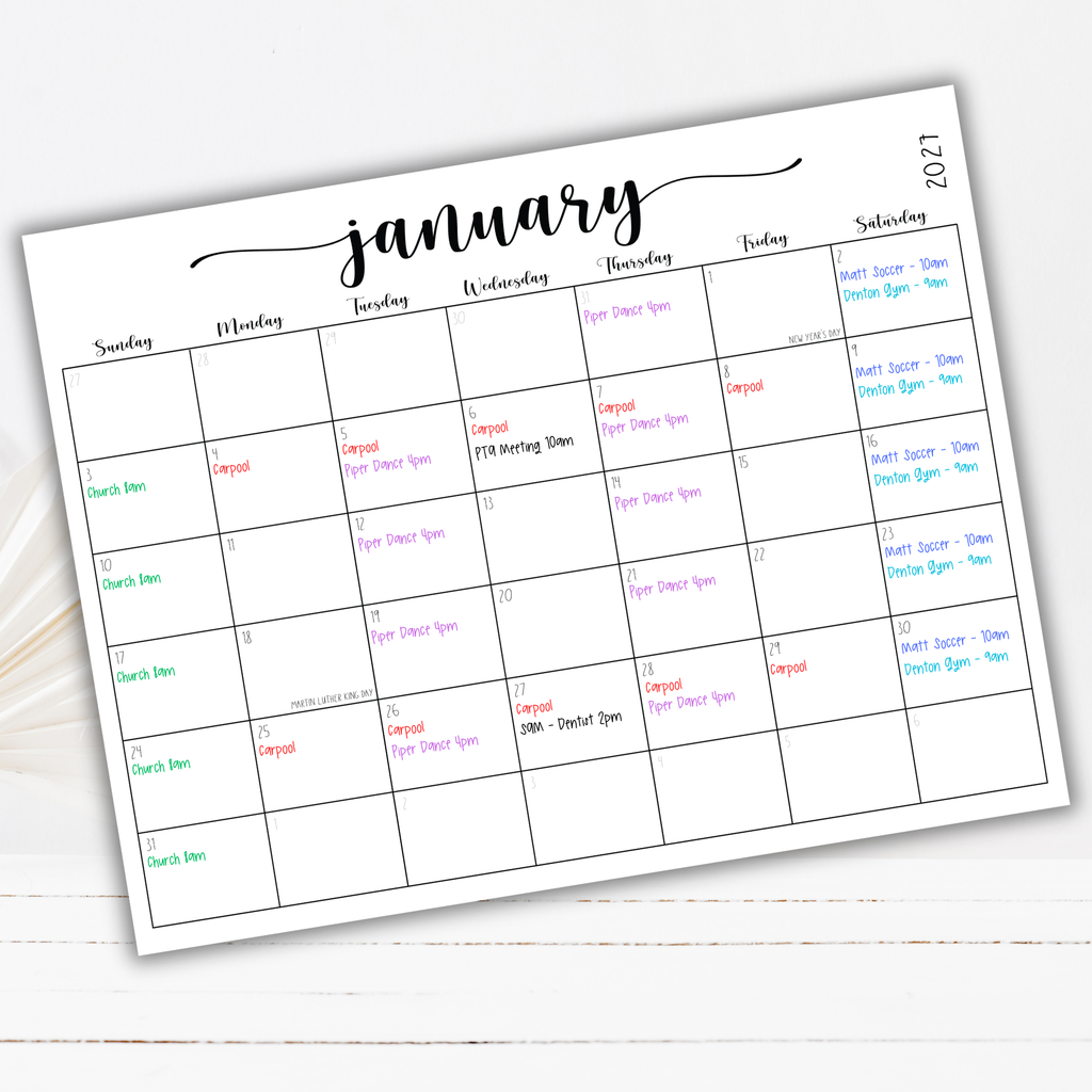 2027 Fillable Landscape Calendar | Sweet Script | Black | Sunday Start
