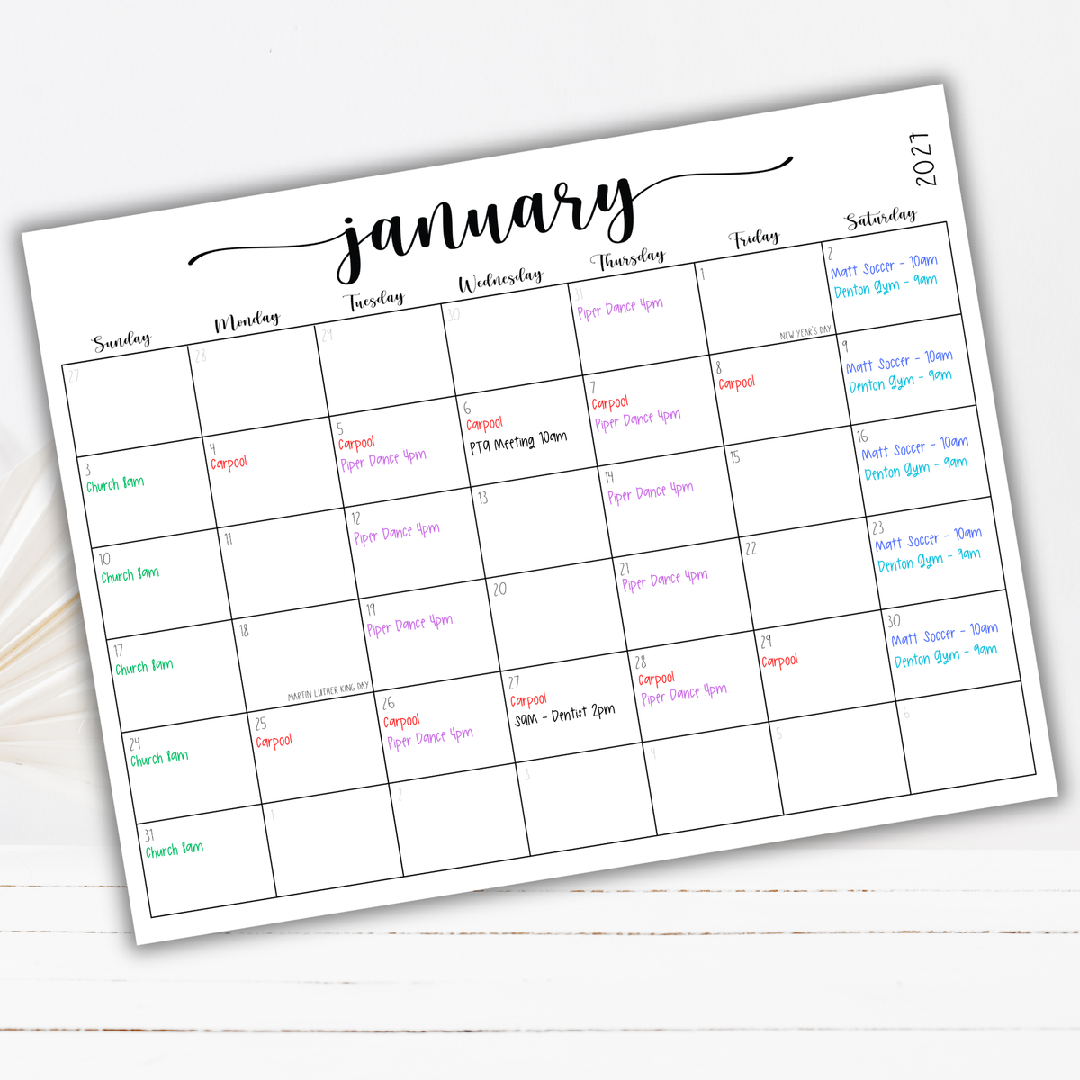 2027 Fillable Landscape Calendar | Sweet Script | Black | Sunday Start