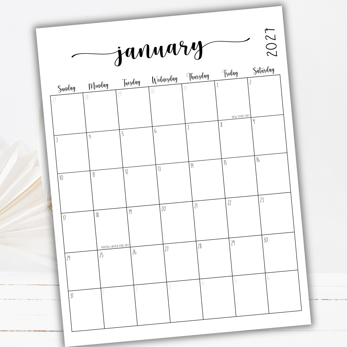 2027 Fillable Portrait Calendar | Sweet Script | Black | Sunday Start