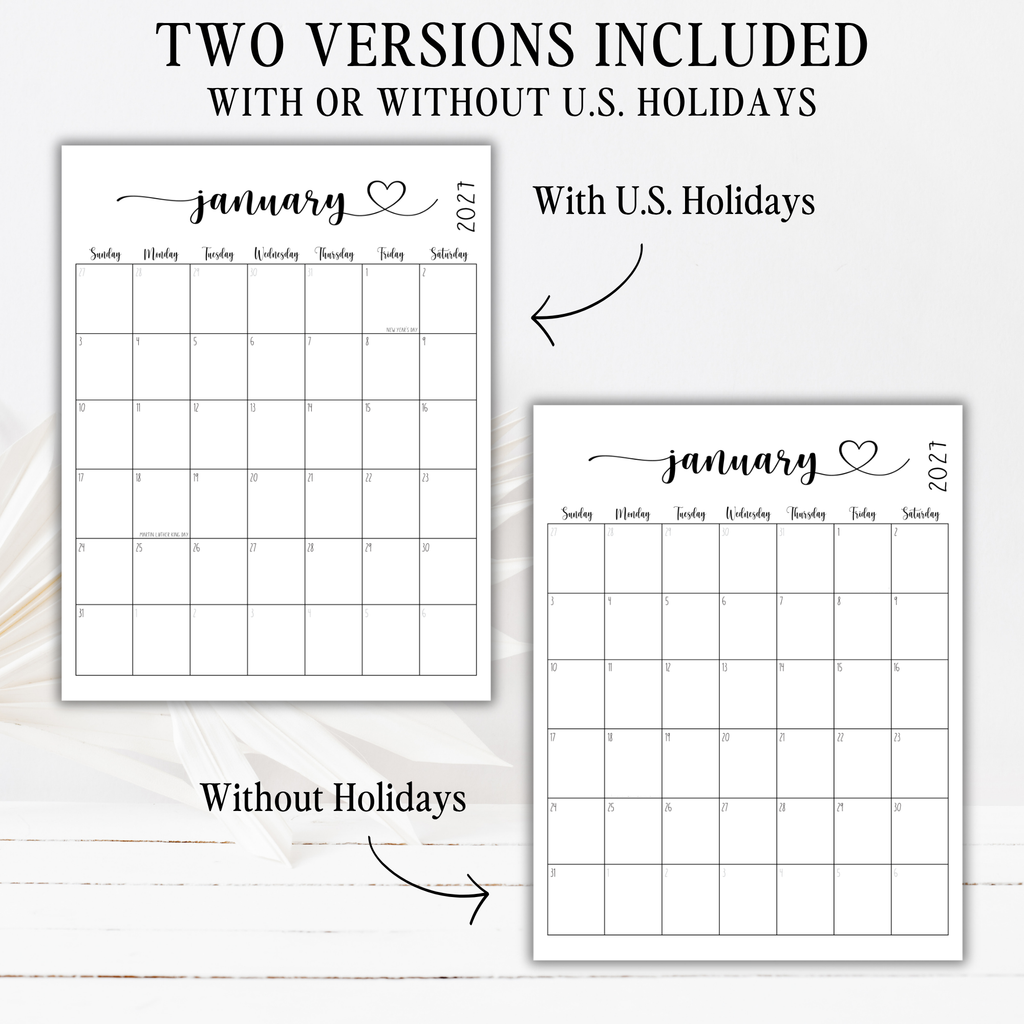 2027 Fillable Portrait Calendar | Sweet Script + Heart | Black | Sunday Start