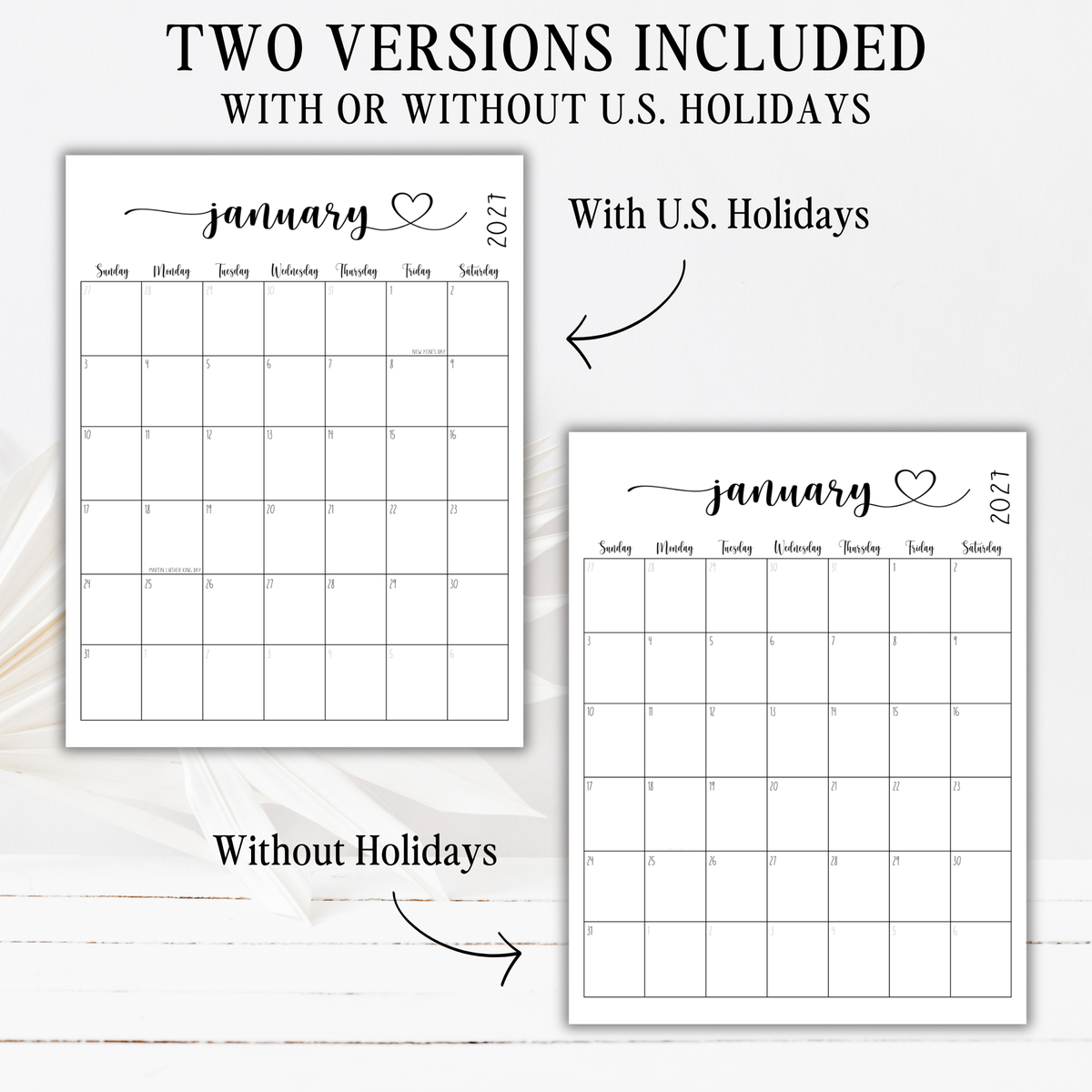 2027 Fillable Portrait Calendar | Sweet Script + Heart | Black | Sunday Start