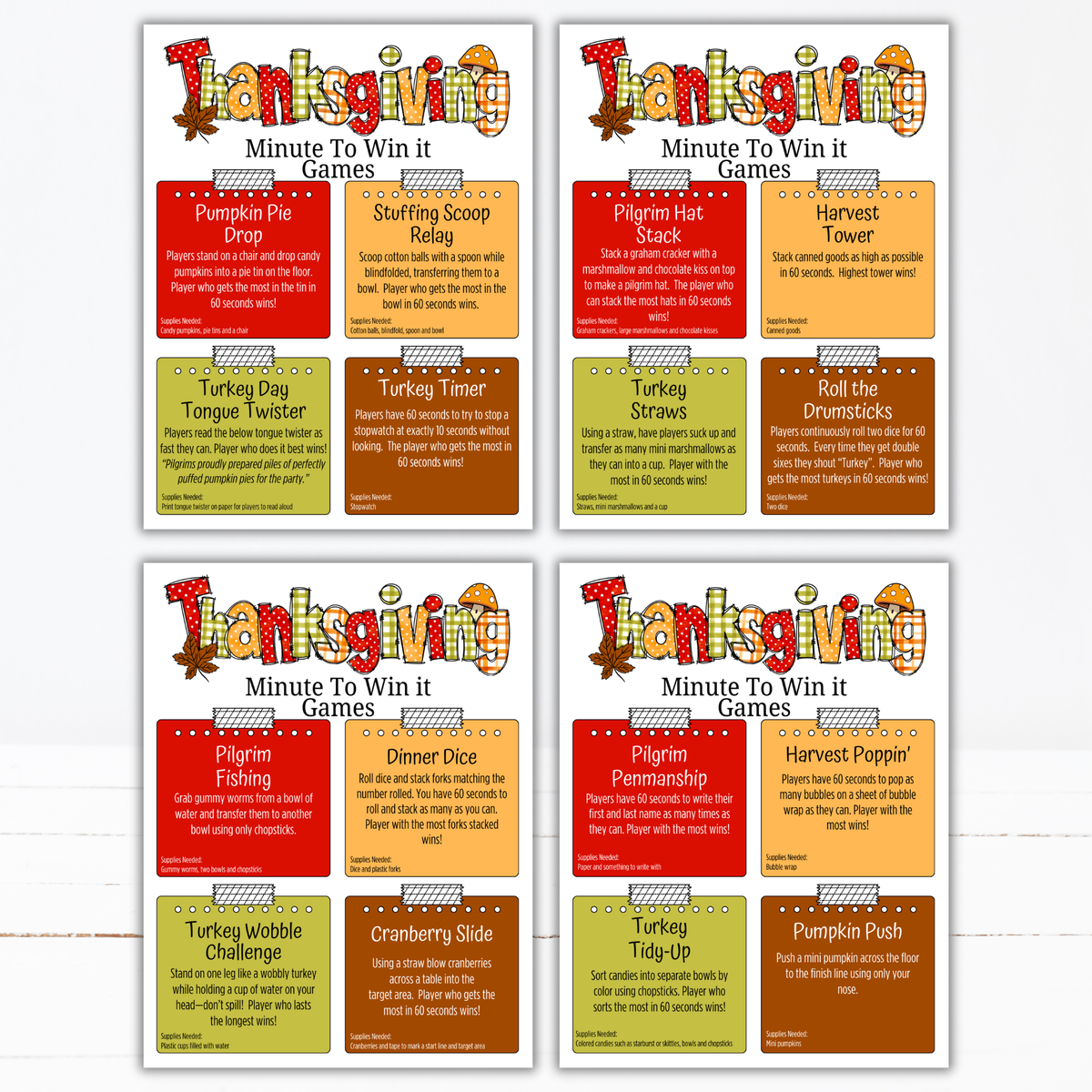 Thanksgiving Minute to Win It Games | 40 Printable Party Games