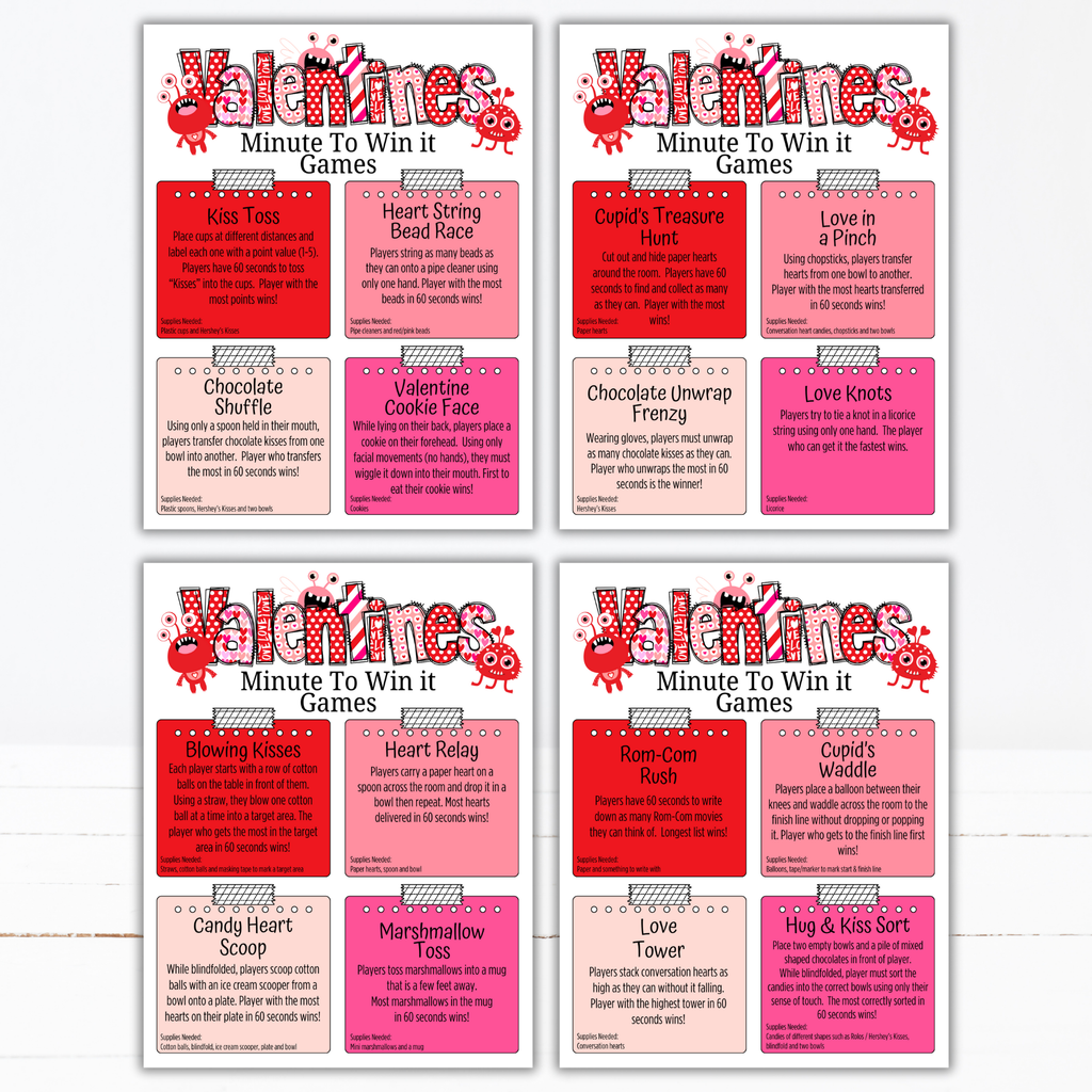 Valentine Minute to Win It Games | Fun Printable Valentine Party Games for Kids, Teens & Adults | Classroom, Family, Office Party Activities