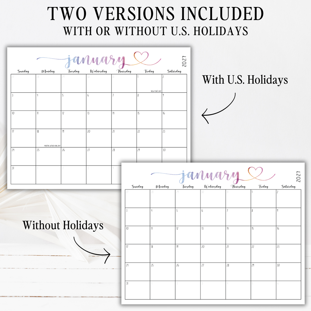2027 Fillable Landscape Calendar | Sweet Script + Heart | Watercolor | Sunday Start