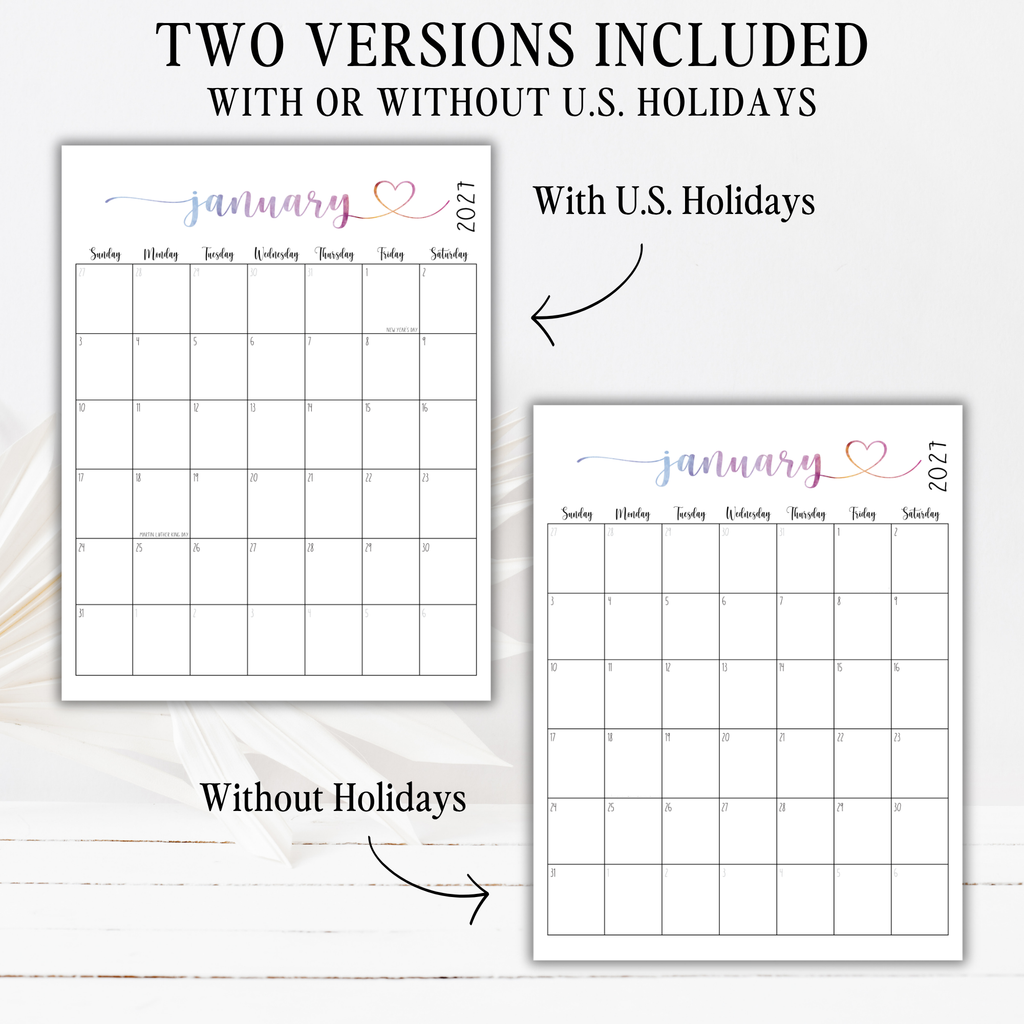 2027 Fillable Portrait Calendar | Sweet Script + Heart | Watercolor | Sunday Start