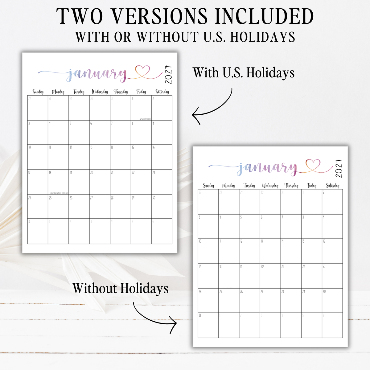 2027 Fillable Portrait Calendar | Sweet Script + Heart | Watercolor | Sunday Start
