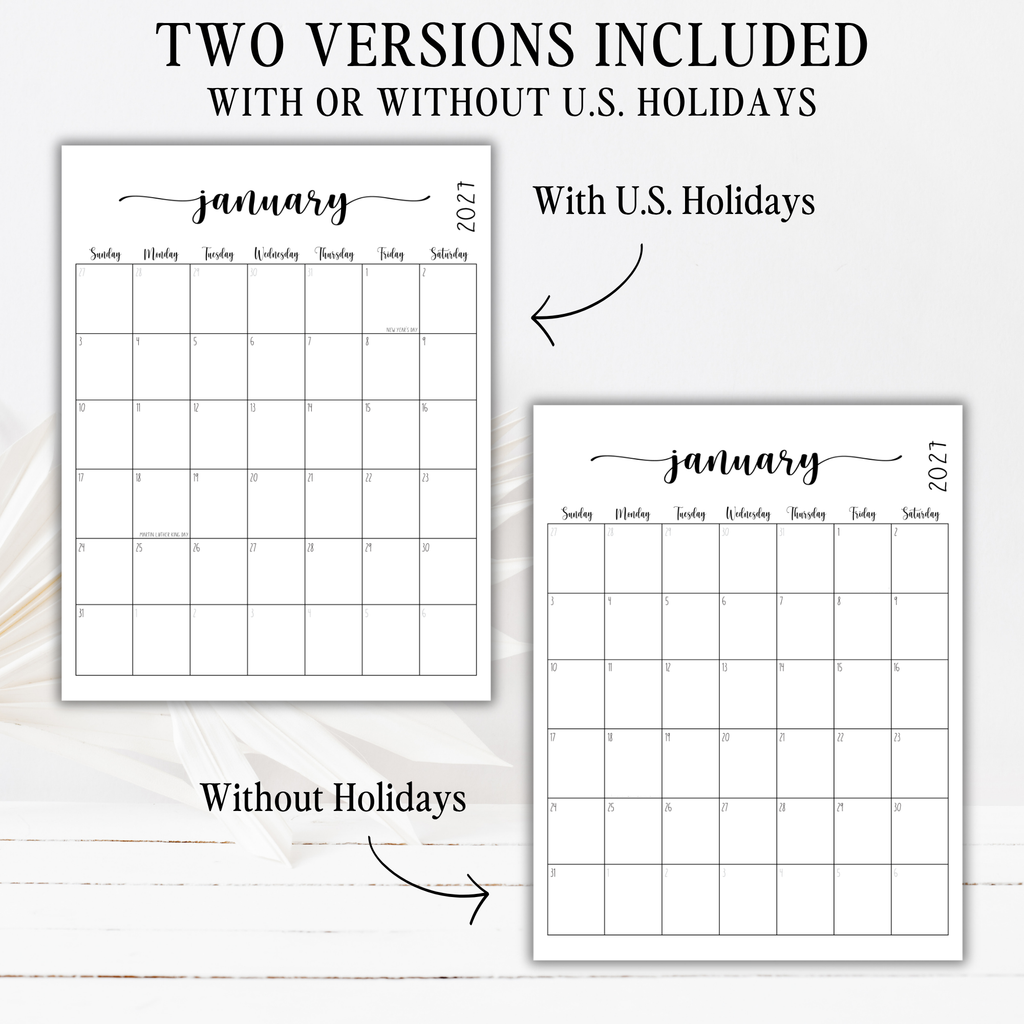 2027 Fillable Portrait Calendar | Sweet Script | Black | Sunday Start