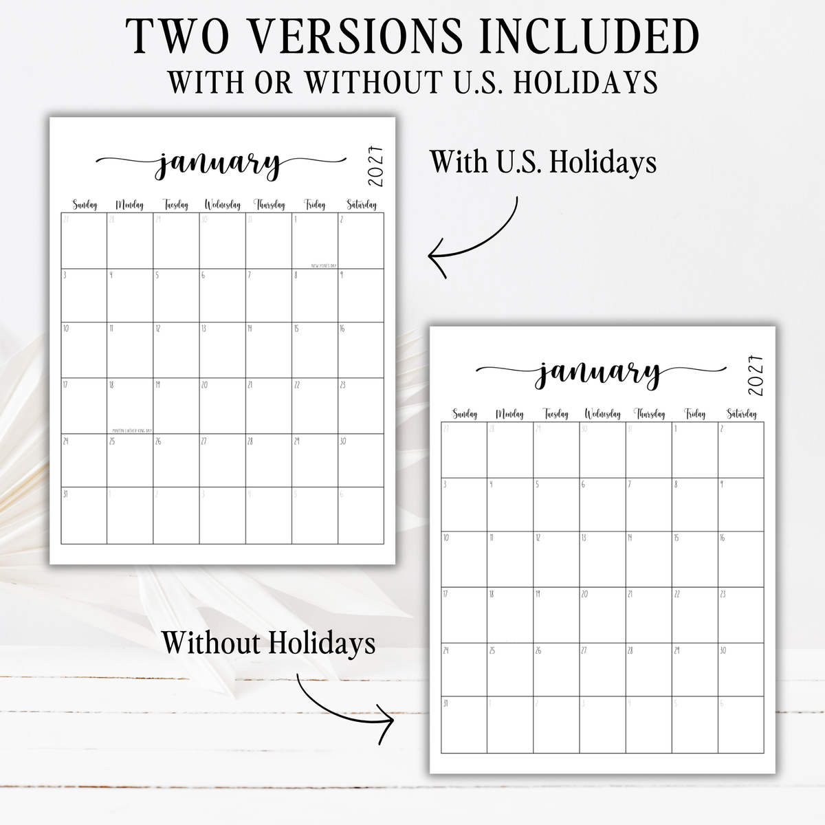 2027 Fillable Portrait Calendar | Sweet Script | Black | Sunday Start