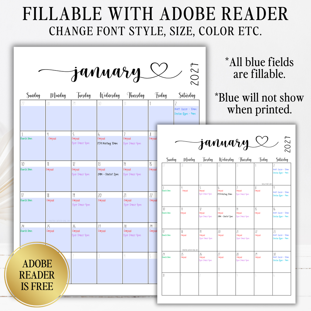 2027 Fillable Portrait Calendar | Sweet Script + Heart | Black | Sunday Start
