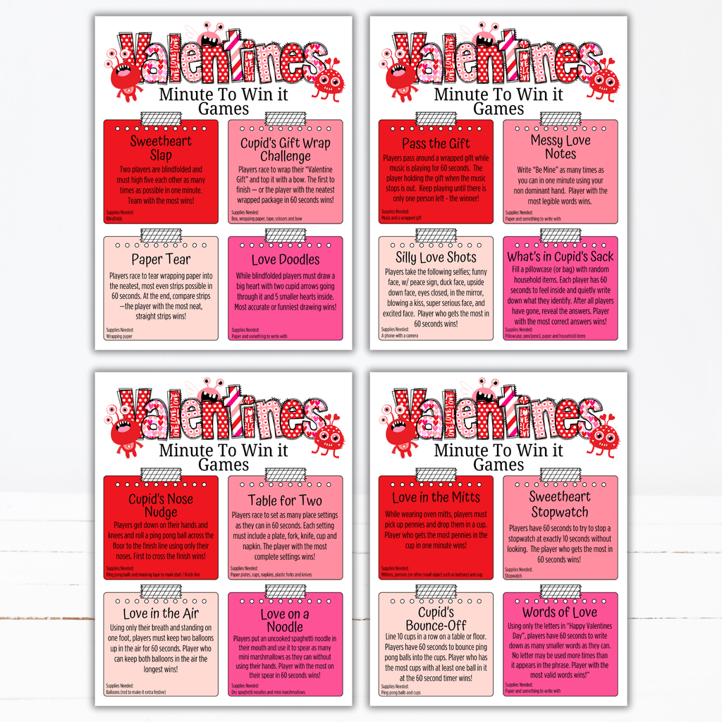 Valentine Minute to Win It Games | Fun Printable Valentine Party Games for Kids, Teens & Adults | Classroom, Family, Office Party Activities