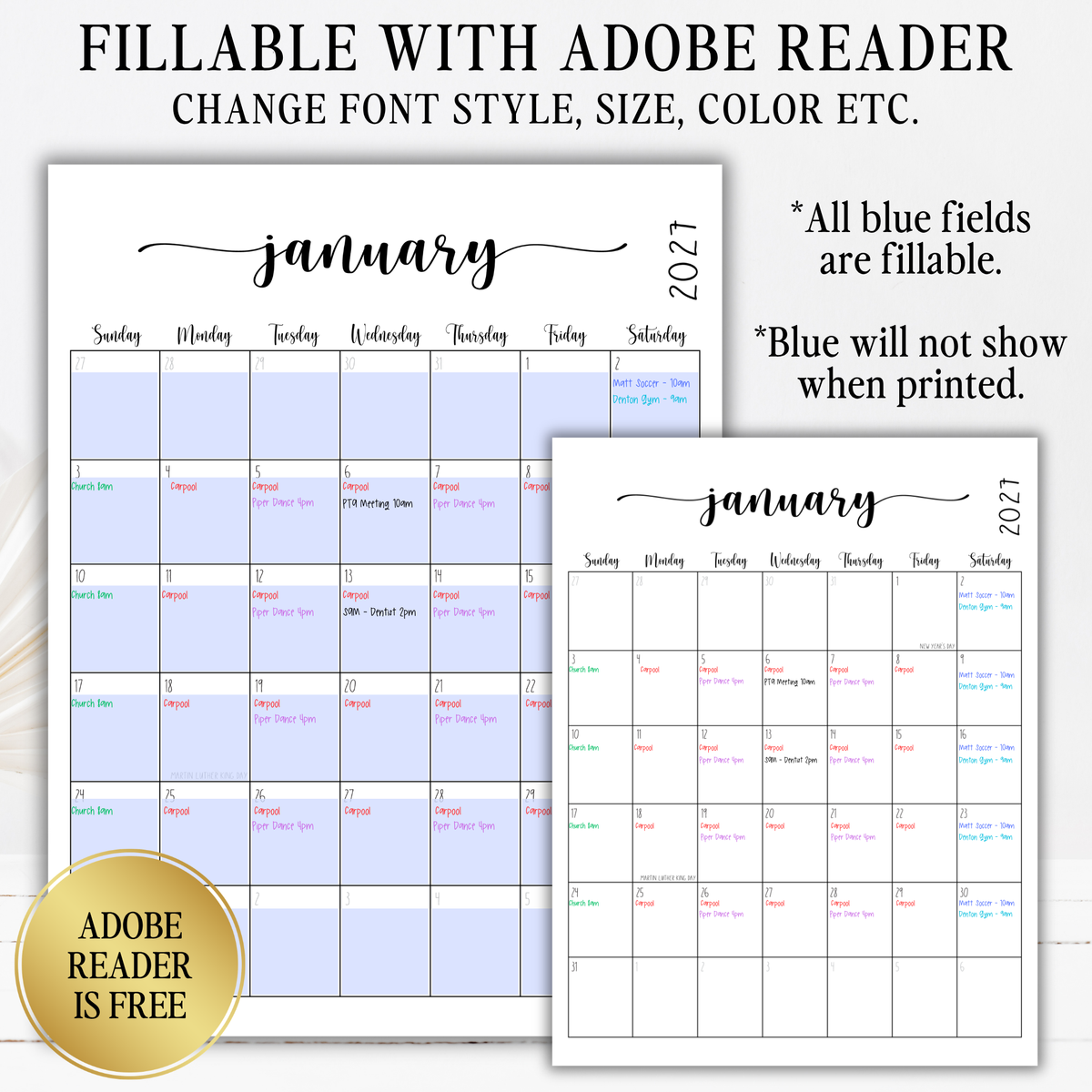 2027 Fillable Portrait Calendar | Sweet Script | Black | Sunday Start