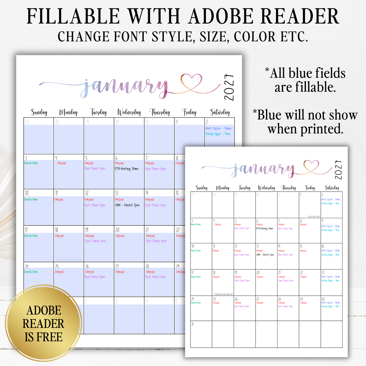 2027 Fillable Portrait Calendar | Sweet Script + Heart | Watercolor | Sunday Start