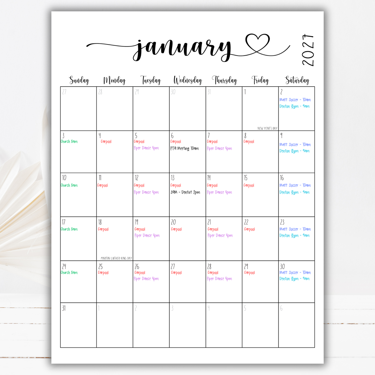 2027 Fillable Portrait Calendar | Sweet Script + Heart | Black | Sunday Start
