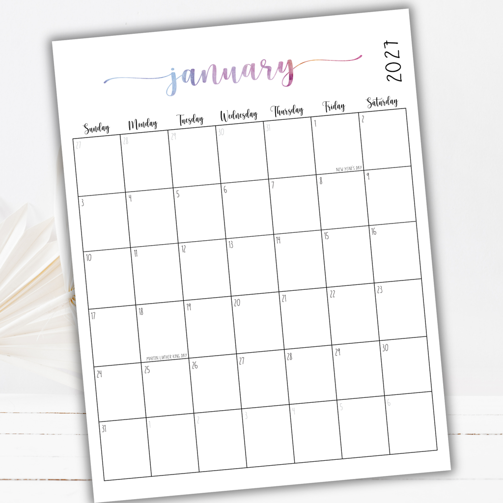 2027 Fillable Portrait Calendar | Sweet Script | Watercolor | Sunday Start