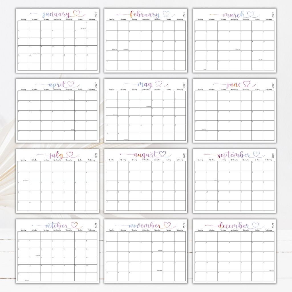 2027 Fillable Landscape Calendar | Sweet Script + Heart | Watercolor | Sunday Start