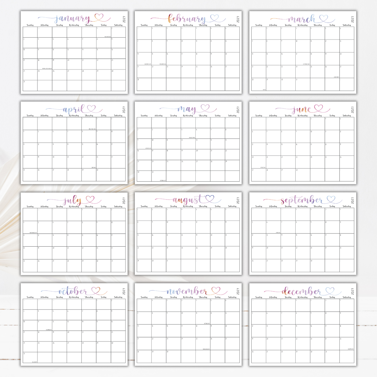 2027 Fillable Landscape Calendar | Sweet Script + Heart | Watercolor | Sunday Start