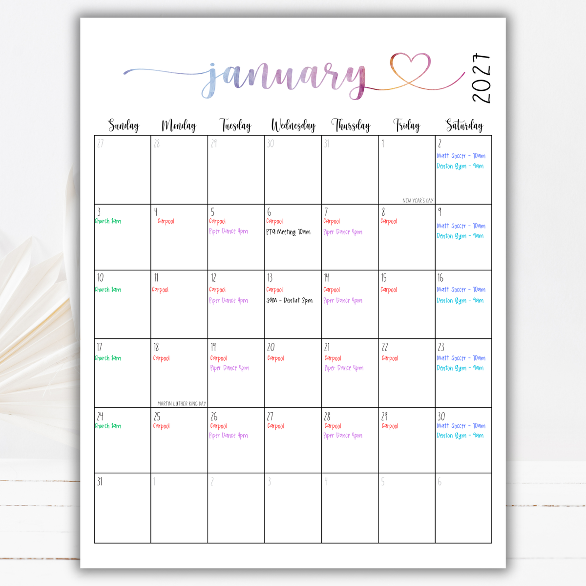 2027 Fillable Portrait Calendar | Sweet Script + Heart | Watercolor | Sunday Start