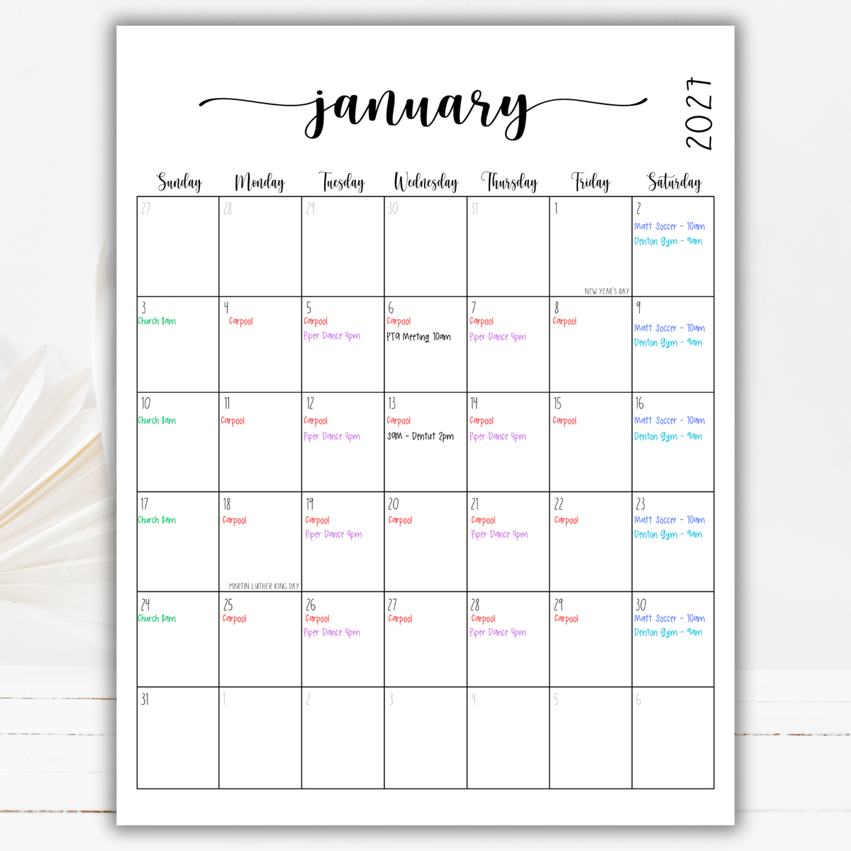 2027 Fillable Portrait Calendar | Sweet Script | Black | Sunday Start
