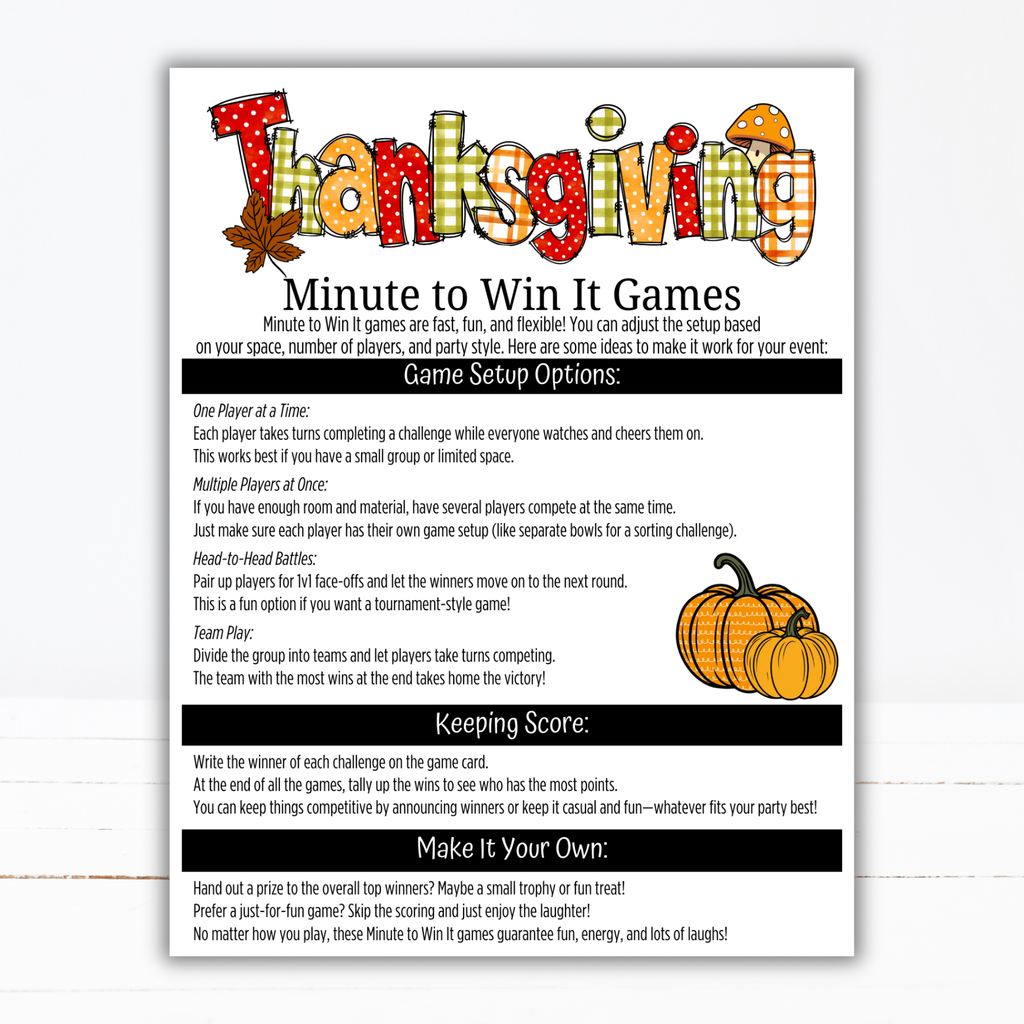 Thanksgiving Minute to Win It Games | 40 Printable Party Games