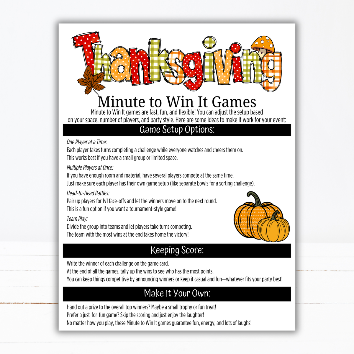 Thanksgiving Minute to Win It Games | 40 Printable Party Games