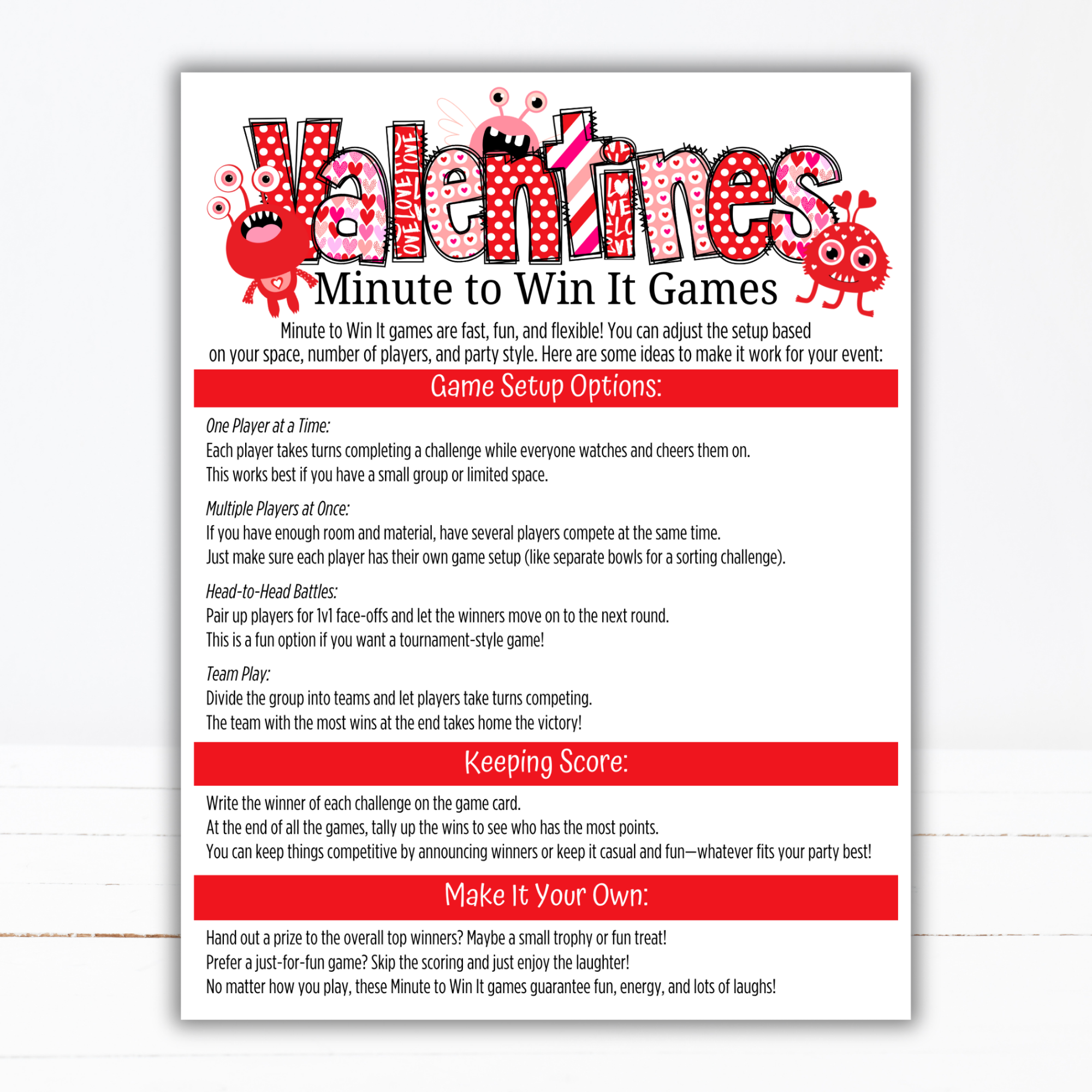 Valentine Minute to Win It Games | Fun Printable Valentine Party Games for Kids, Teens & Adults | Classroom, Family, Office Party Activities