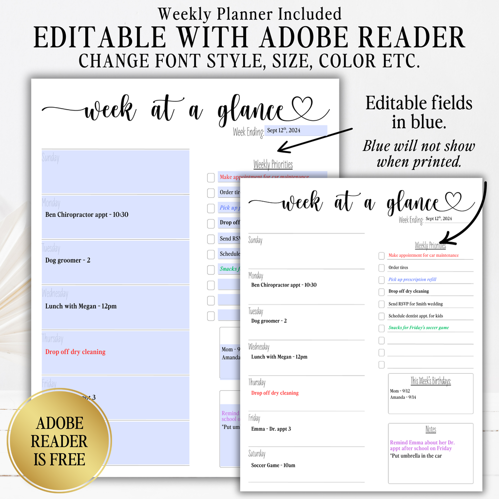 2027 Fillable Landscape Calendar | Sweet Script + Heart | Black | Sunday Start