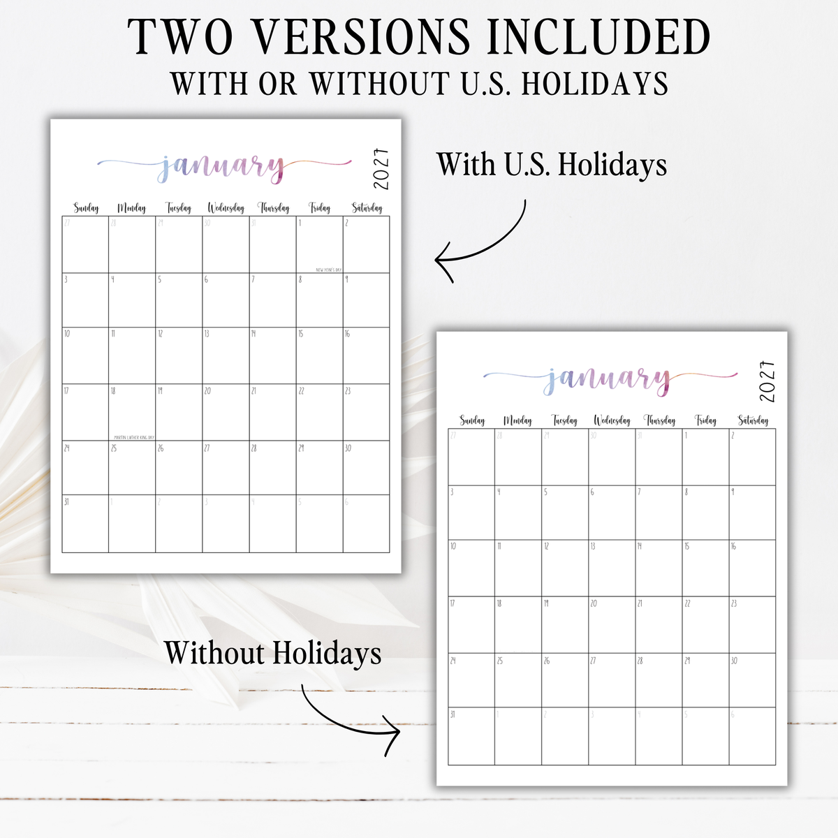 2027 Fillable Portrait Calendar | Sweet Script | Watercolor | Sunday Start