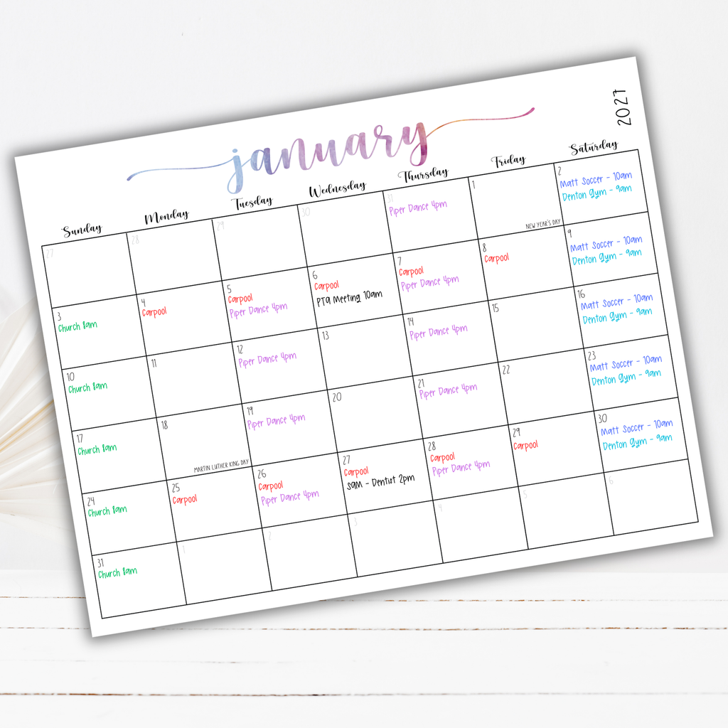 2027 Fillable Landscape Calendar | Sweet Script | Watercolor | Sunday Start