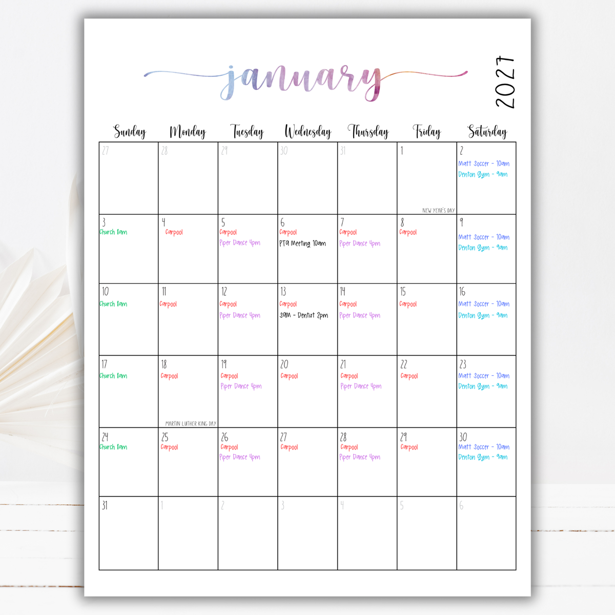 2027 Fillable Portrait Calendar | Sweet Script | Watercolor | Sunday Start