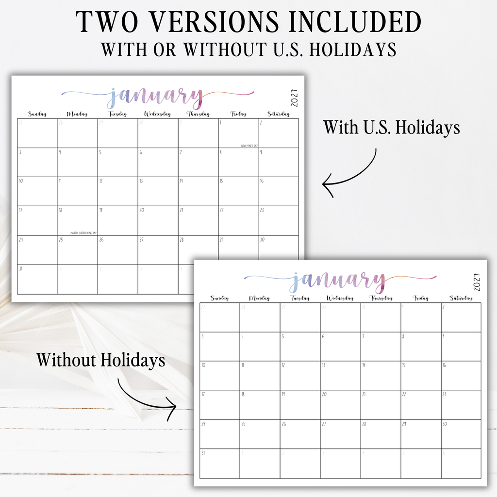 2027 Fillable Landscape Calendar | Sweet Script | Watercolor | Sunday Start