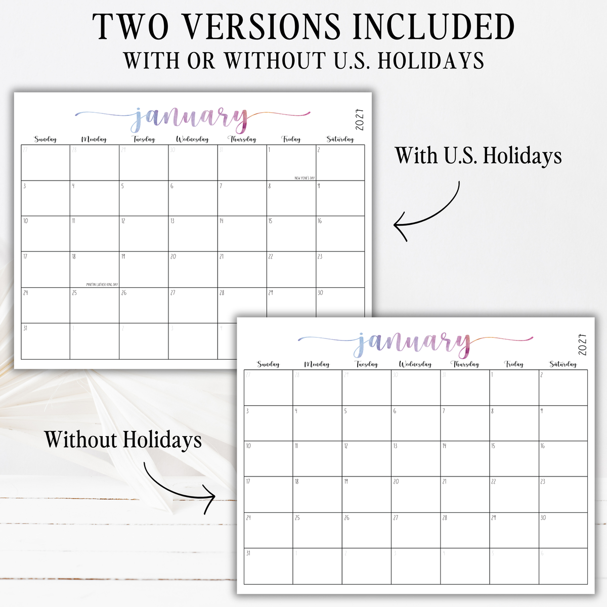 2027 Fillable Landscape Calendar | Sweet Script | Watercolor | Sunday Start