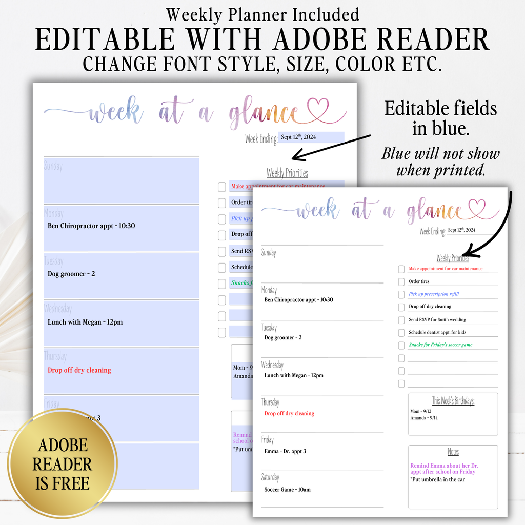 2027 Fillable Landscape Calendar | Sweet Script + Heart | Watercolor | Sunday Start