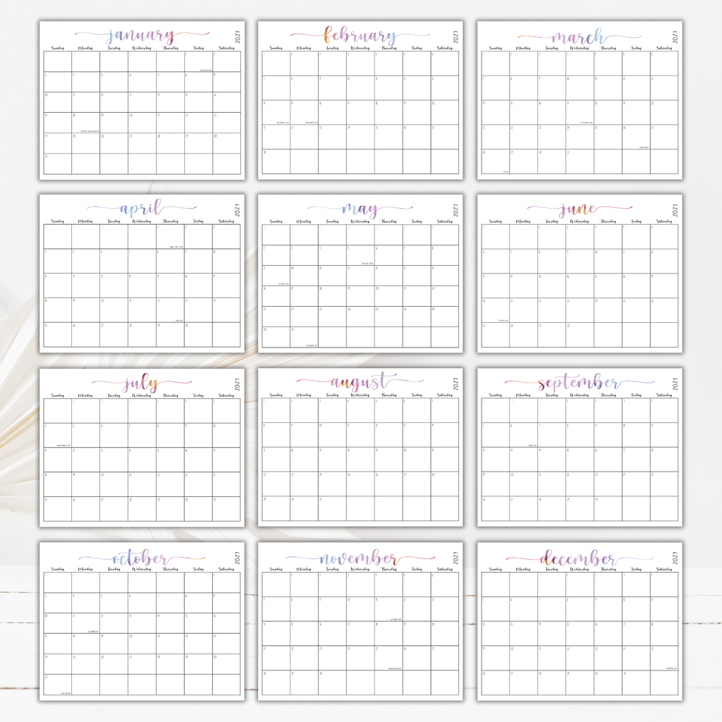 2027 Fillable Landscape Calendar | Sweet Script | Watercolor | Sunday Start