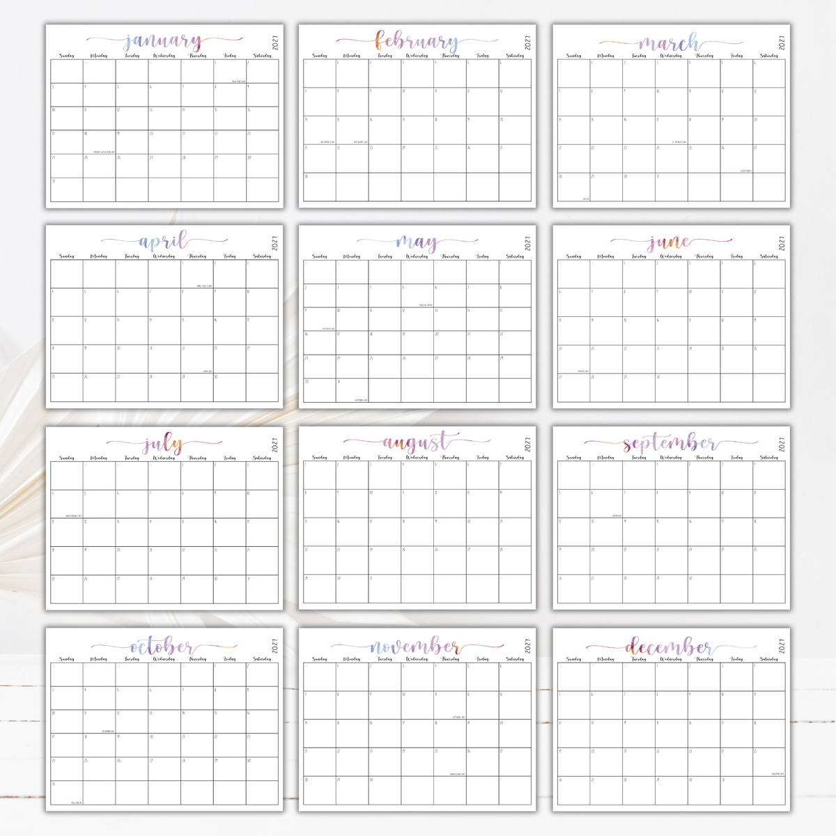 2027 Fillable Landscape Calendar | Sweet Script | Watercolor | Sunday Start