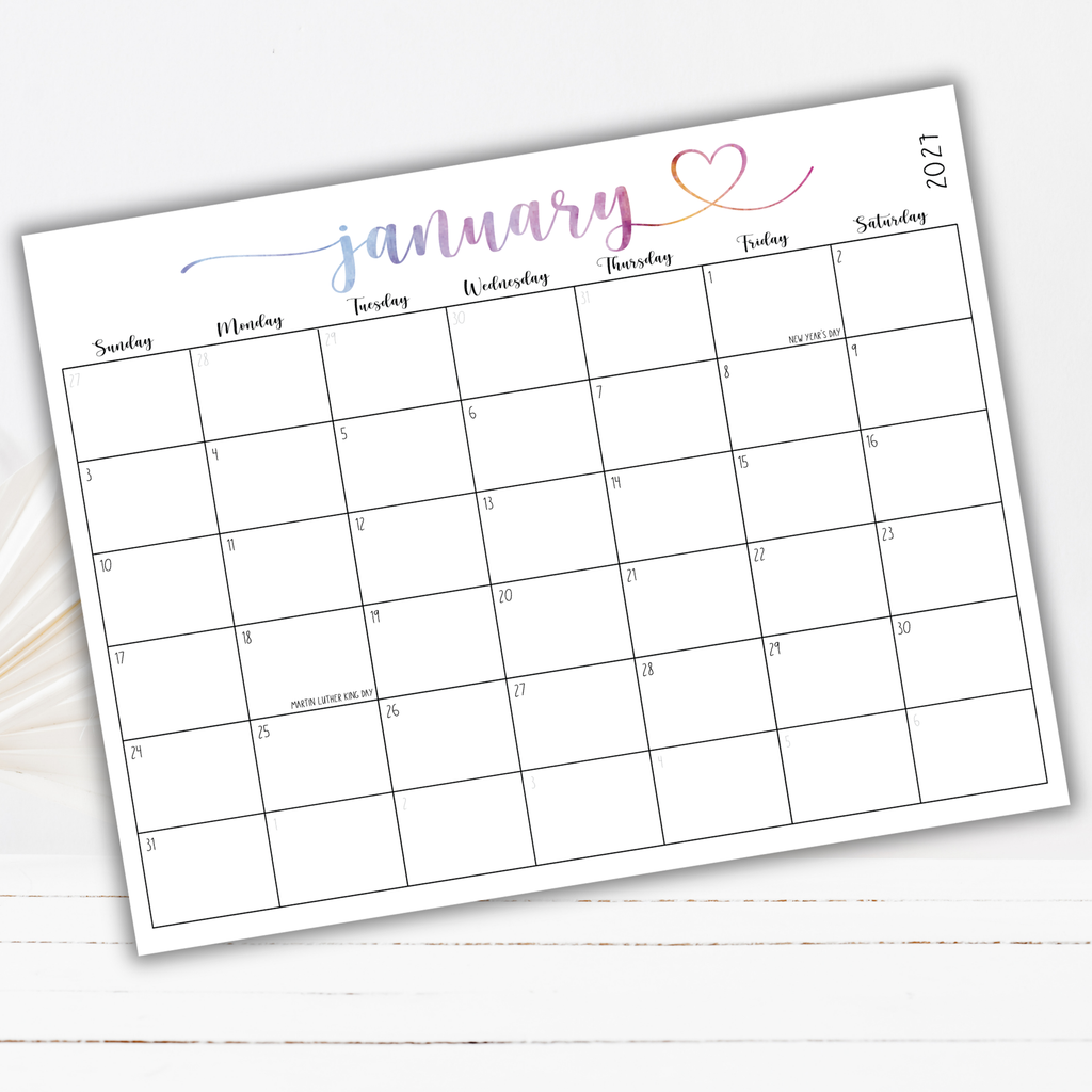 2027 Fillable Landscape Calendar | Sweet Script + Heart | Watercolor | Sunday Start