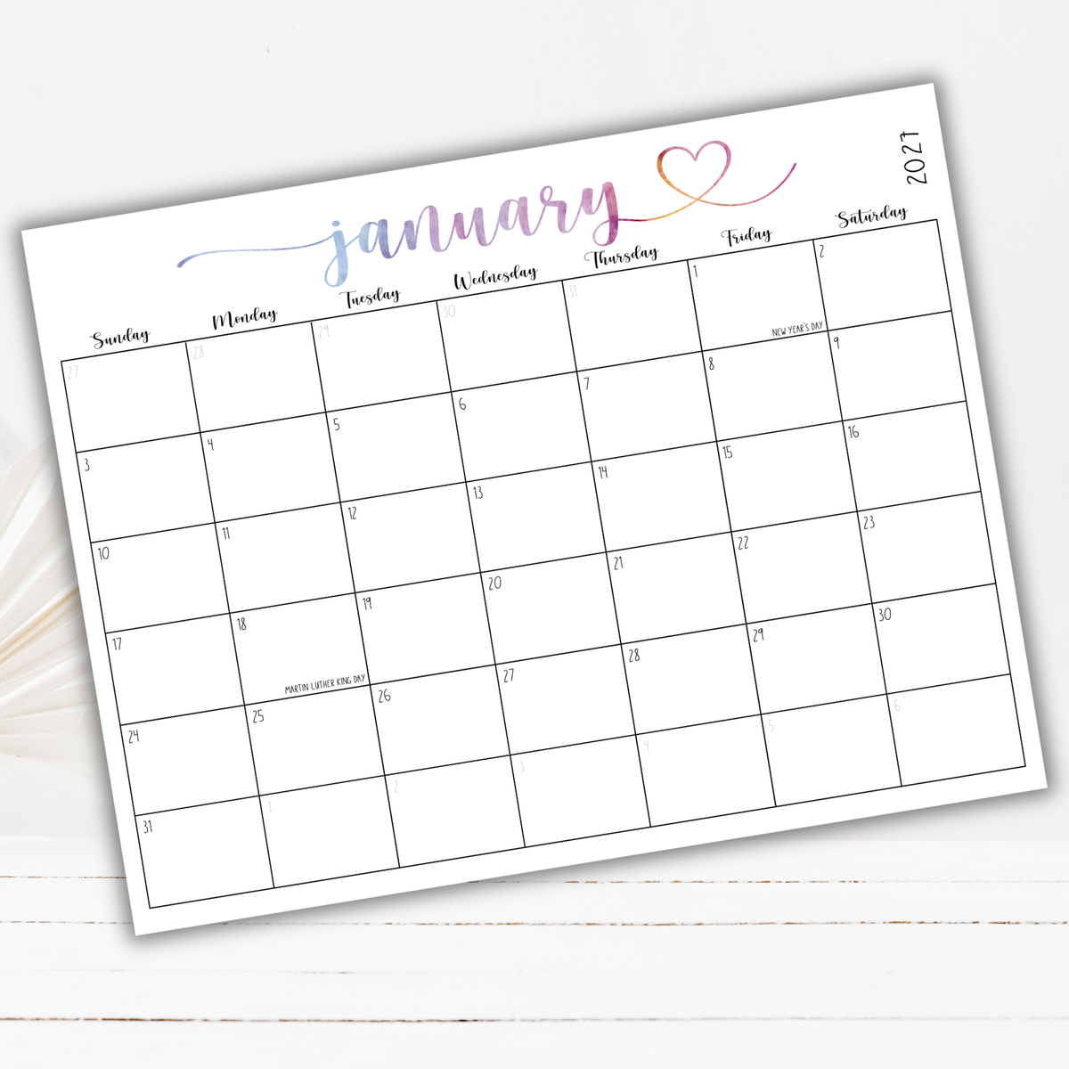 2027 Fillable Landscape Calendar | Sweet Script + Heart | Watercolor | Sunday Start