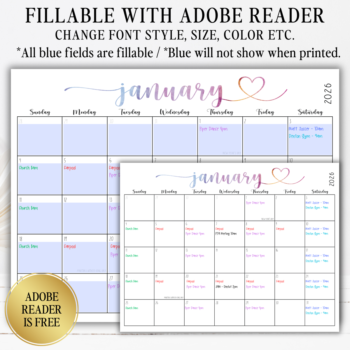 2027 Fillable Landscape Calendar | Sweet Script + Heart | Watercolor | Sunday Start