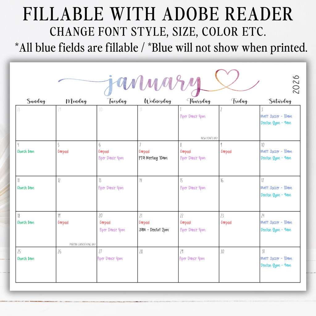 2027 Fillable Landscape Calendar | Sweet Script + Heart | Watercolor | Sunday Start