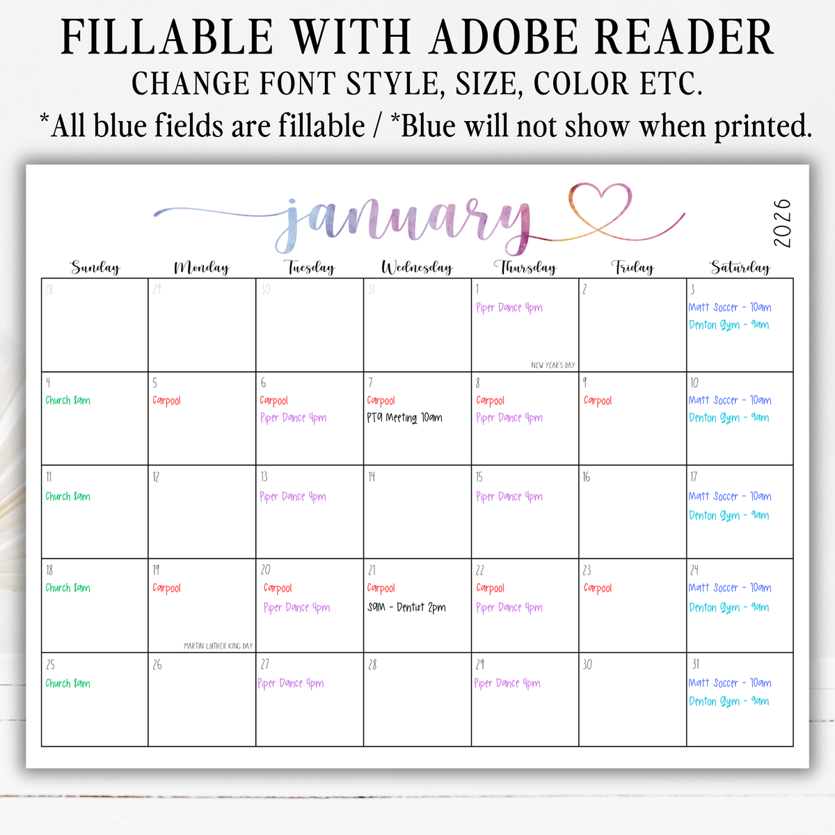 2027 Fillable Landscape Calendar | Sweet Script + Heart | Watercolor | Sunday Start