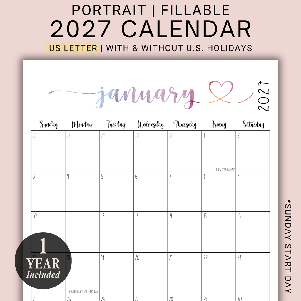 2027 Fillable Portrait Calendar | Sweet Script + Heart | Watercolor | Sunday Start
