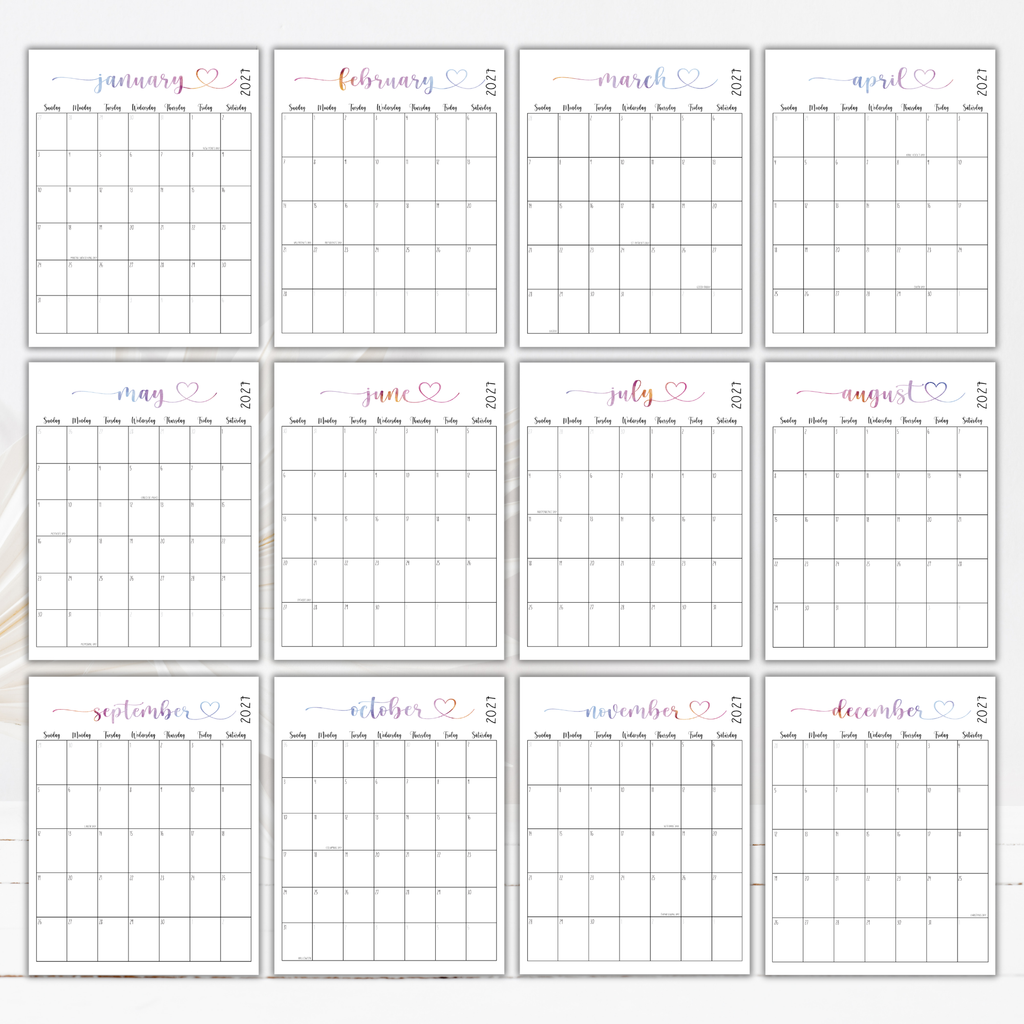 2027 Fillable Portrait Calendar | Sweet Script + Heart | Watercolor | Sunday Start