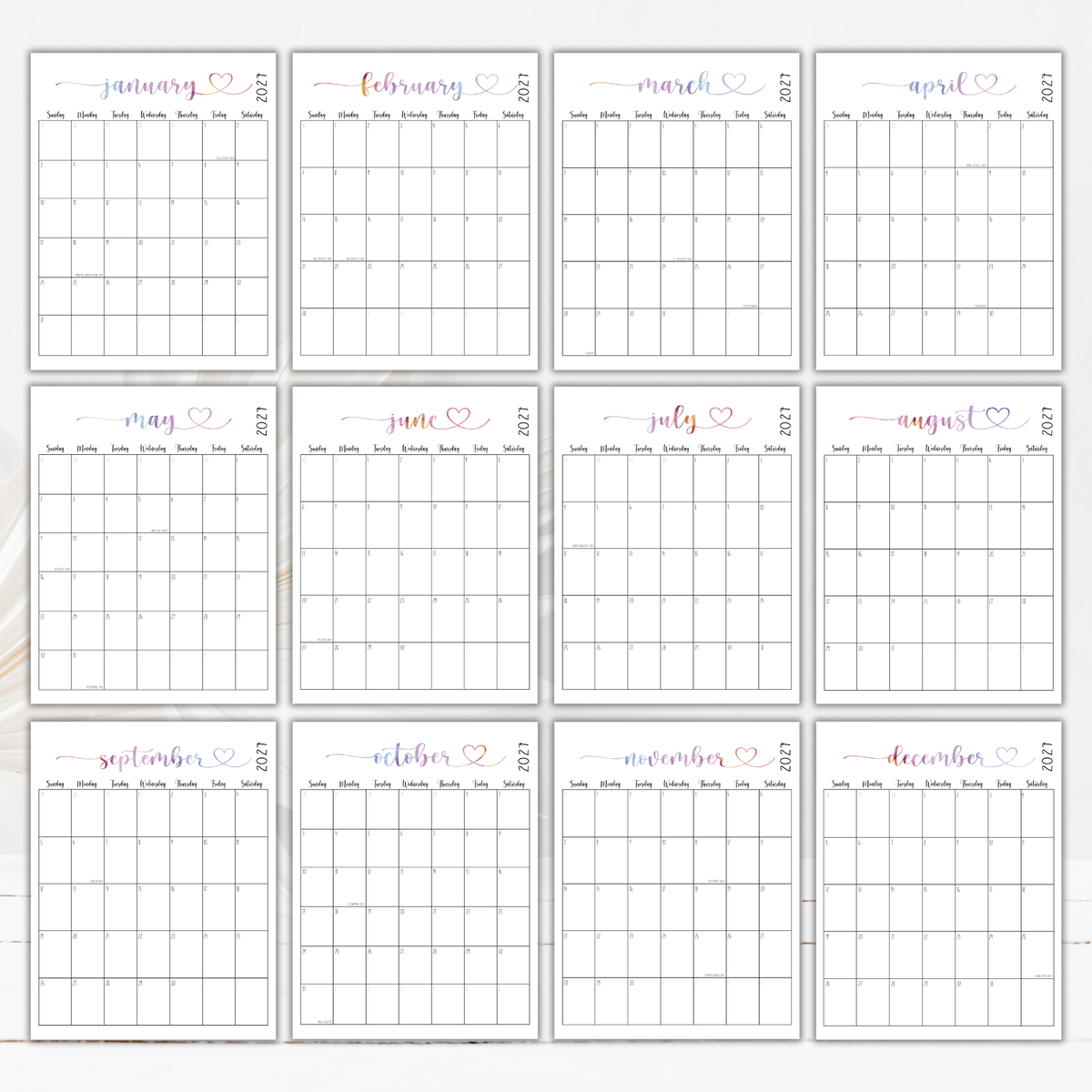 2027 Fillable Portrait Calendar | Sweet Script + Heart | Watercolor | Sunday Start