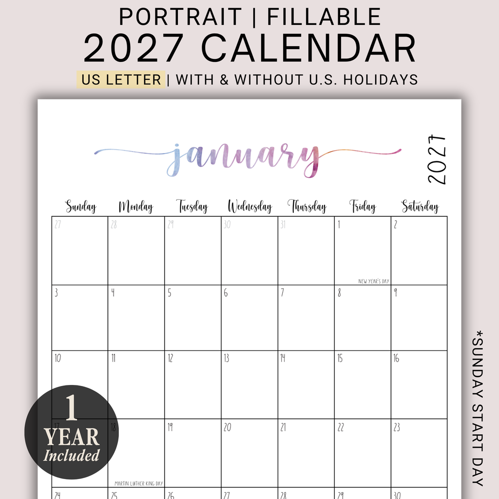 2027 Fillable Portrait Calendar | Sweet Script | Watercolor | Sunday Start