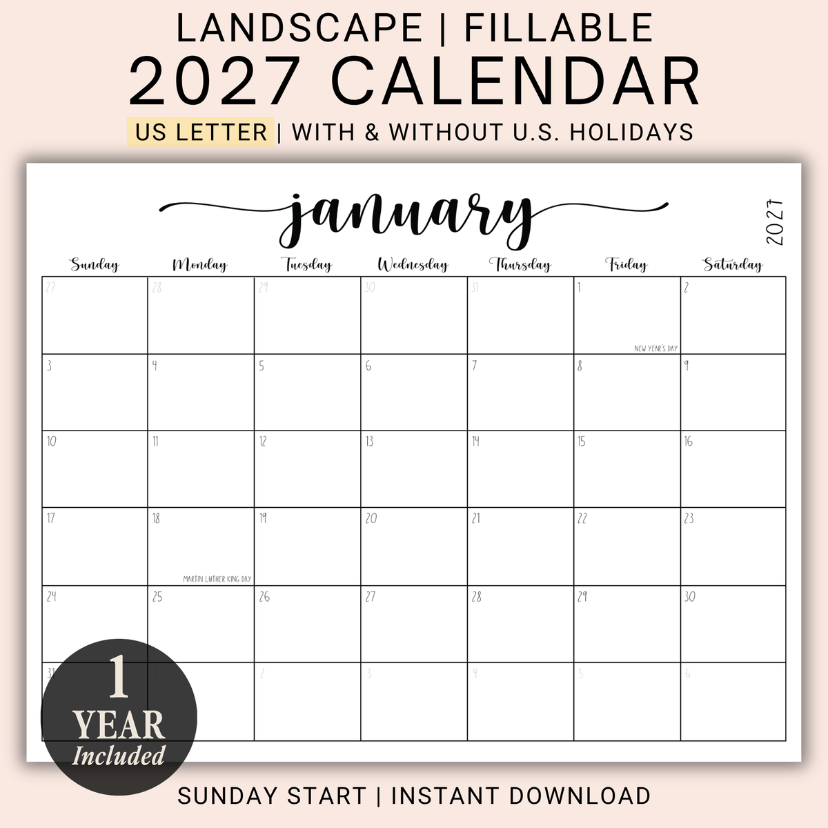 2027 Fillable Landscape Calendar | Sweet Script | Black | Sunday Start